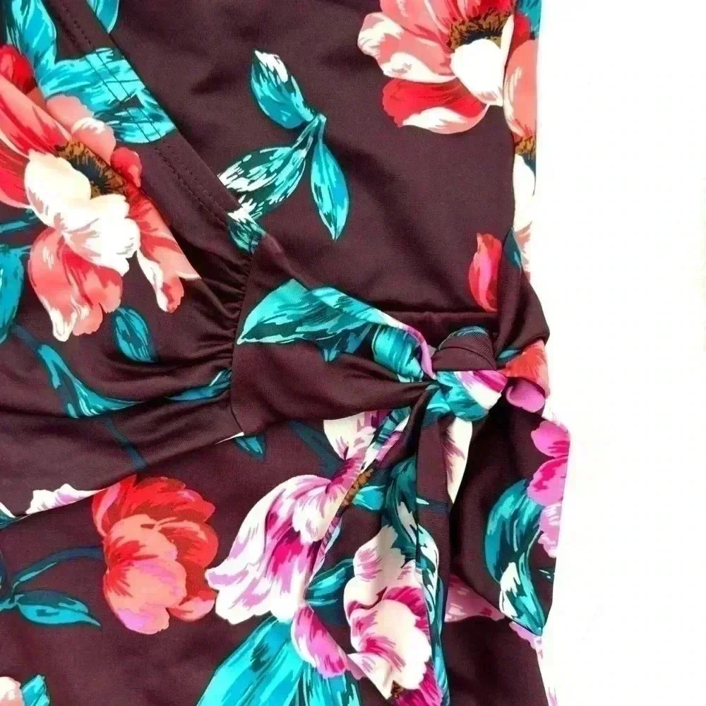 Embrace Your Curves Maroon Floral V-Neck Plunge Spaghetti Strap One Piece Size M